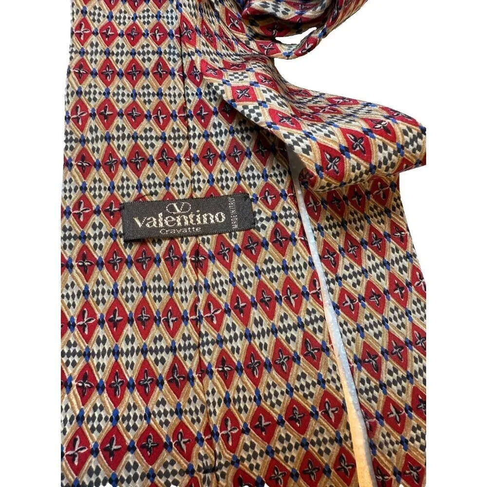 Valentino Cravatte Vintage Red Blue Cream Men's 100% Silk Tie Made in Italy